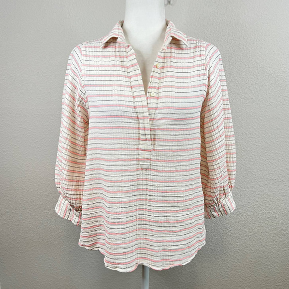 Ann Mashburn Knit Blouse Women's S Pink Stripe V-neck Relaxed Balloon Sleeves - Picture 1 of 8